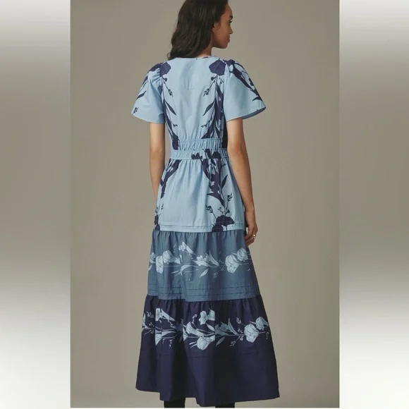 Anthropologie Somerset Blue Floral Tiered Maxi Dress NWT M Boho Viral Spring - Picture 5 of 10